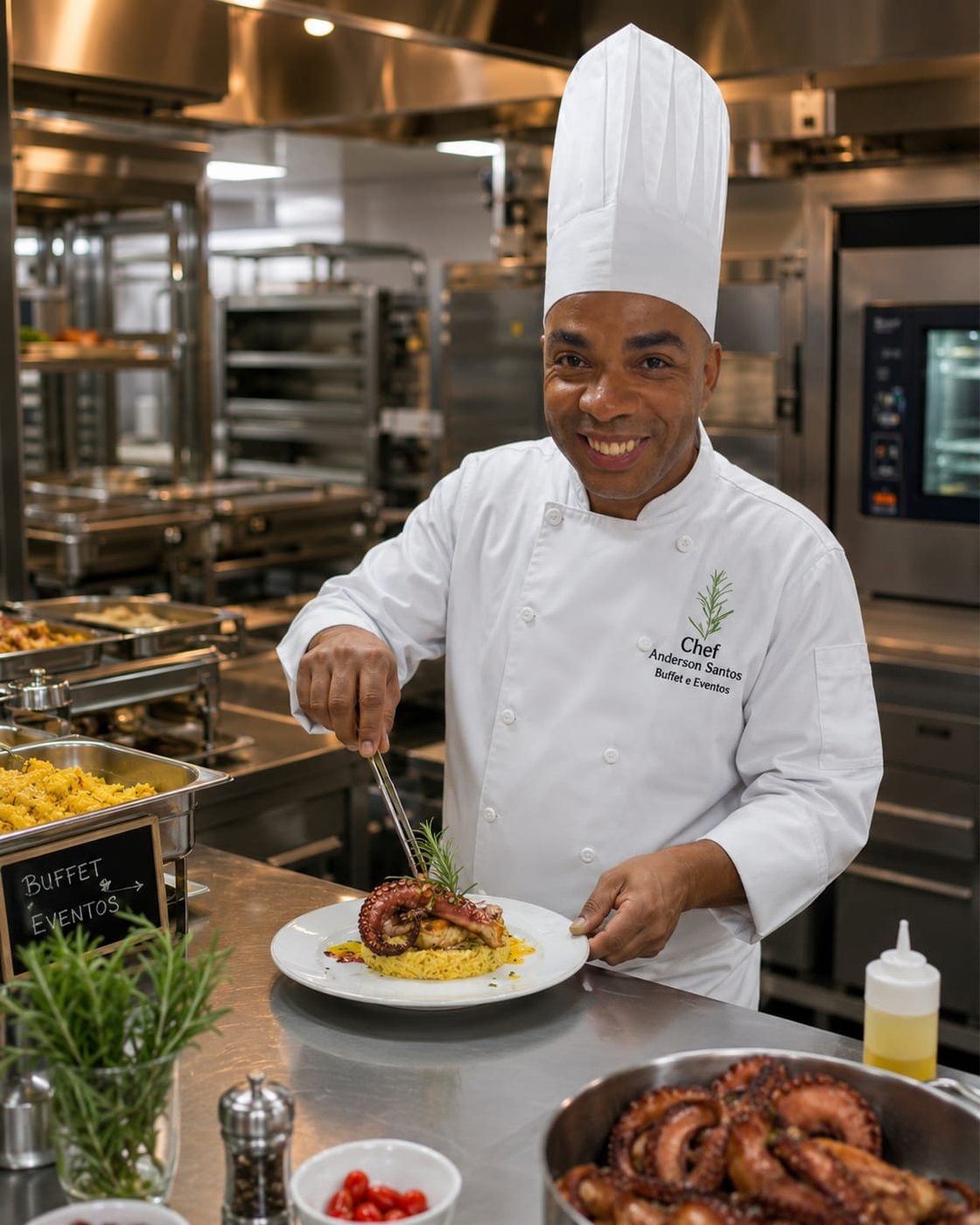 Chef Anderson Santos finalizando um prato de polvo com alecrim