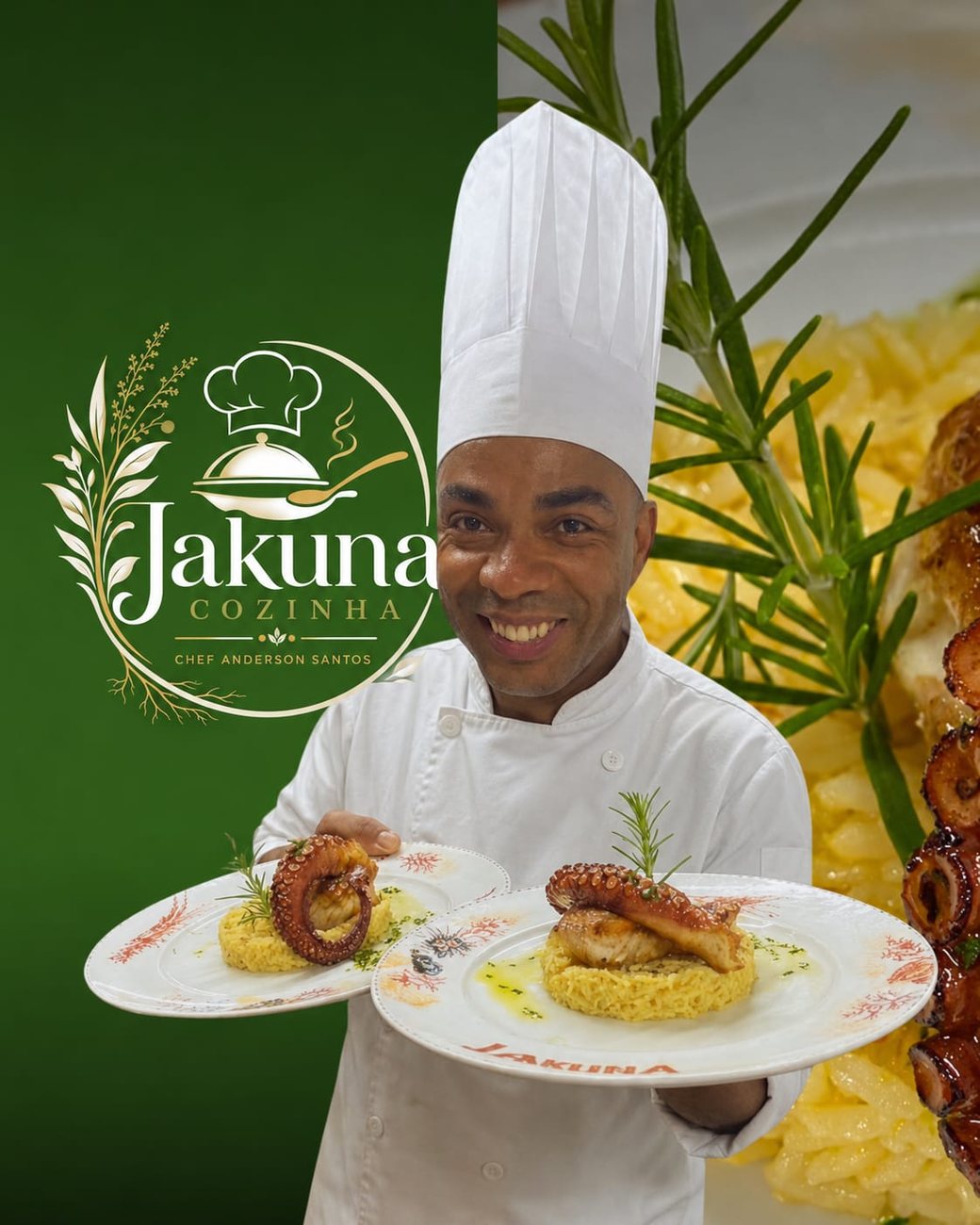 Chef Anderson Santos segurando dois pratos finalizados da Jakuna Cozinha
