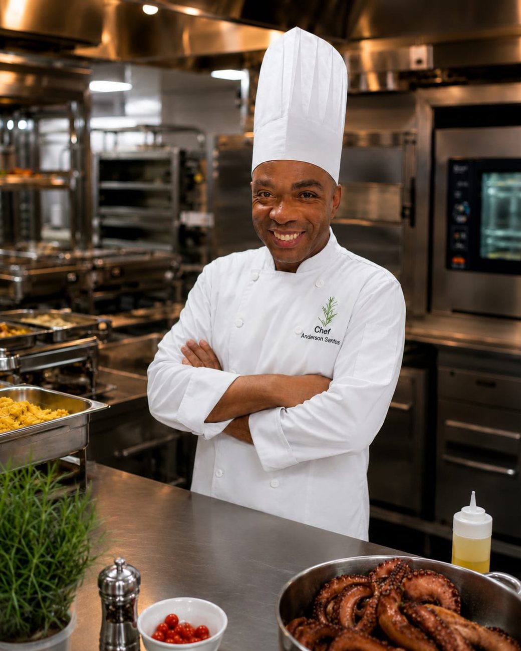 Chef Anderson Santos de braços cruzados em uma cozinha industrial